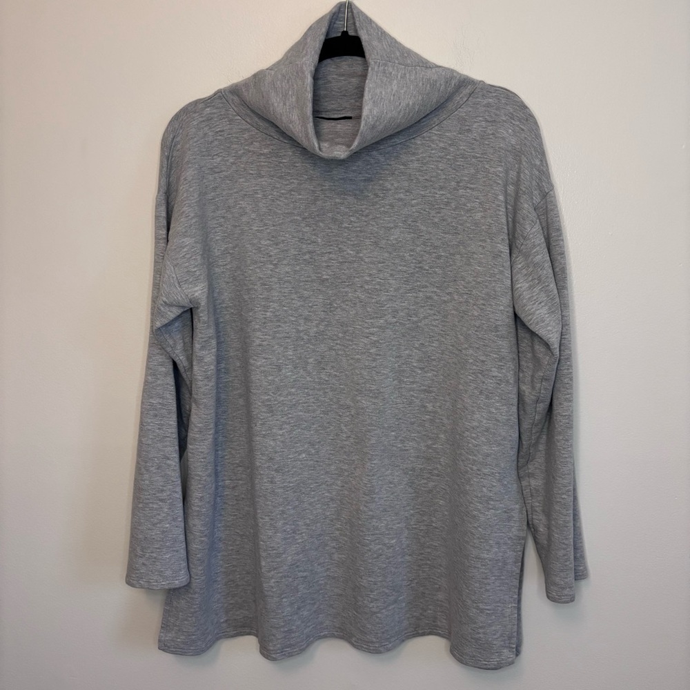 Eileen Fisher Gray Tencel Organic Cotton Funnel Neck Tunic Top Small